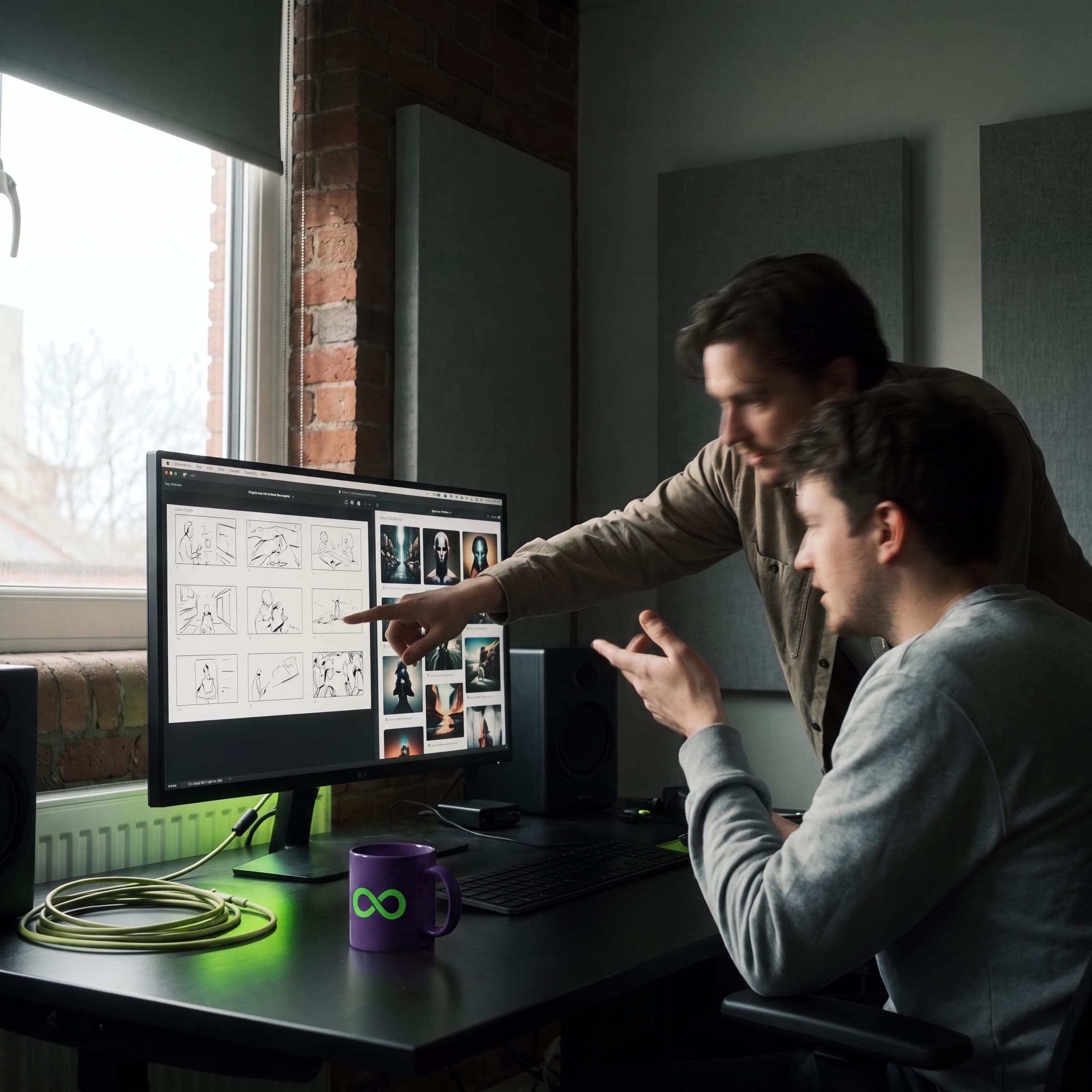 Dos miembros de IA Ordinaria revisan un storyboard en el estudio